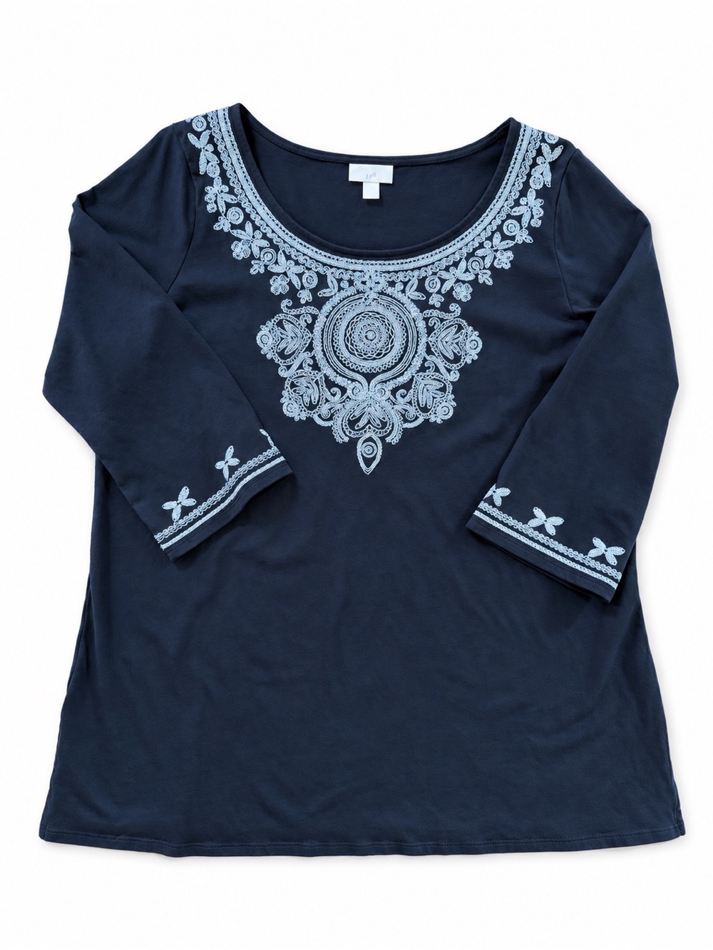 J. Jill Navy Embroidered Scoop Neck Tunic Top 3/4 Sleeve L